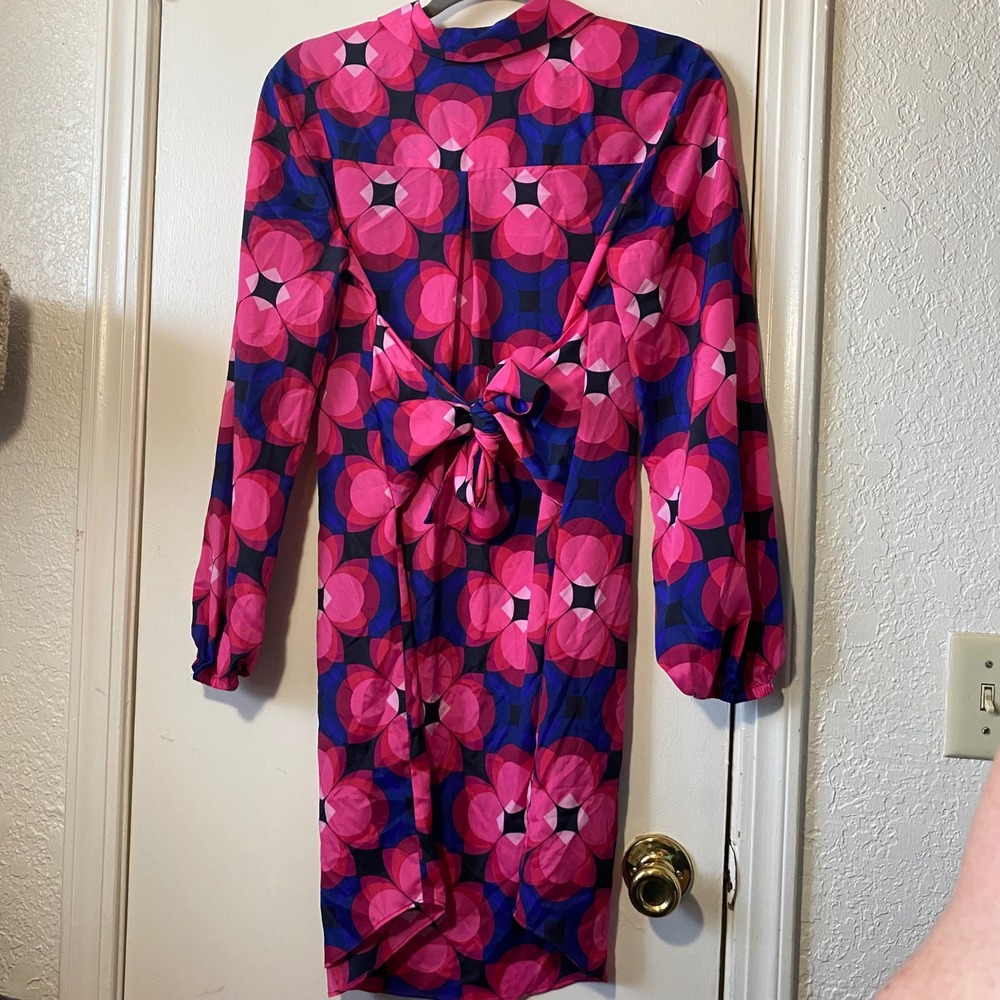 Trina Turk‎ Twist Front Medium Pink Blue Floral Print Long Sleeve Shirt Dress - Picture 4 of 7